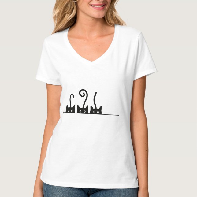 Camiseta Kat lijn tekening. Drie katjes. Wereld Kattendag. (Anverso)