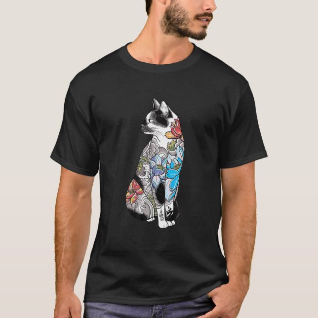 Camiseta Katana Ninja Yakuza Tattoo, un gato japonés samura (Anverso)