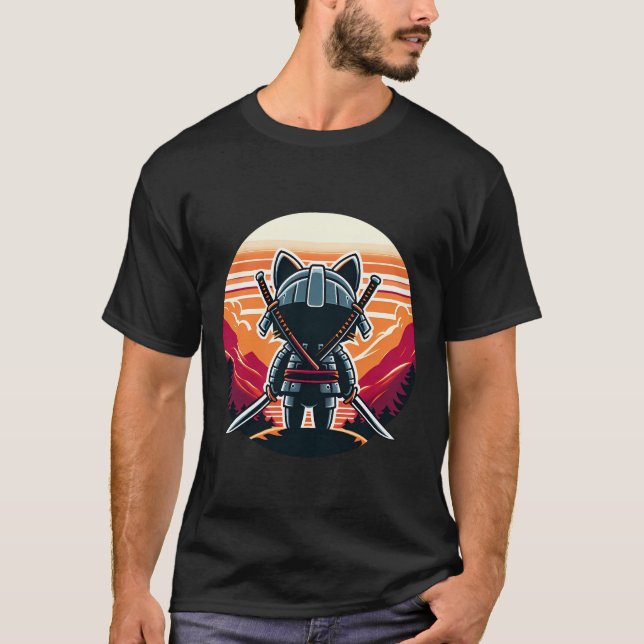 Camiseta Katanas, un gato samurai, viendo la puesta de sol  (Anverso)