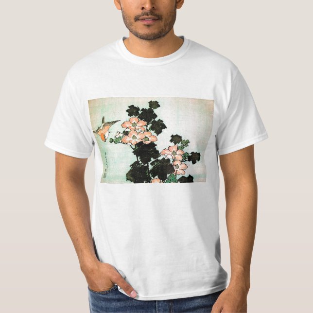 Camiseta Katsushika Hokusai (葛飾北斎) - hibisco y gorrión (Anverso)