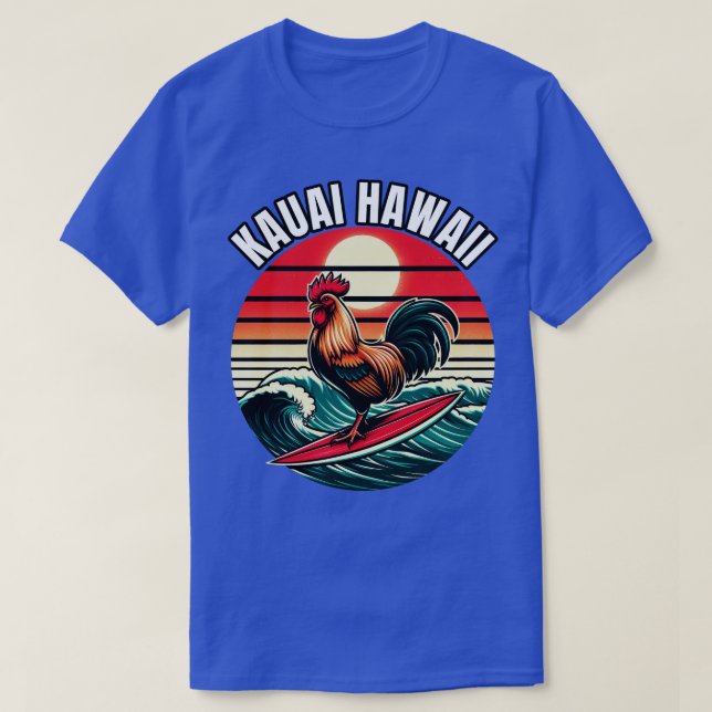 Camiseta Kauai Hawaii Chicken Rooster Surfing Retro Sunset (Diseño del anverso)