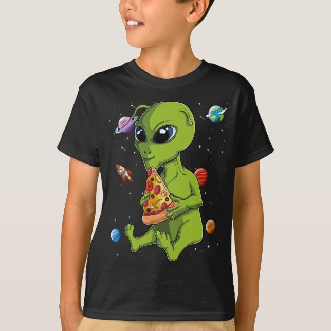 Camiseta Kawaii Alien Comating Pizza Lover UFO Extraterrest (Anverso)