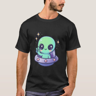 Camiseta Kawaii Alien in UFO with Peace Sign