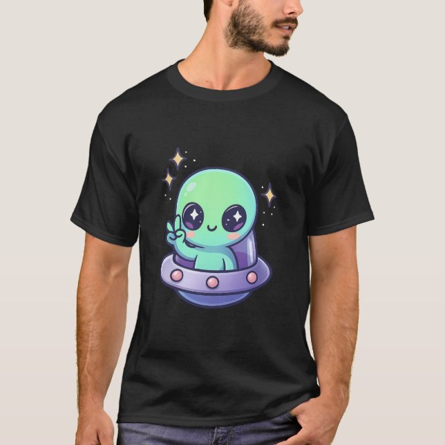 Camiseta Kawaii Alien in UFO with Peace Sign (Anverso)