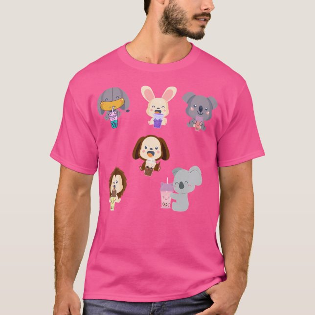 Camiseta Kawaii Animal Boba Tea Cute Conejo Elefante Koala (Anverso)
