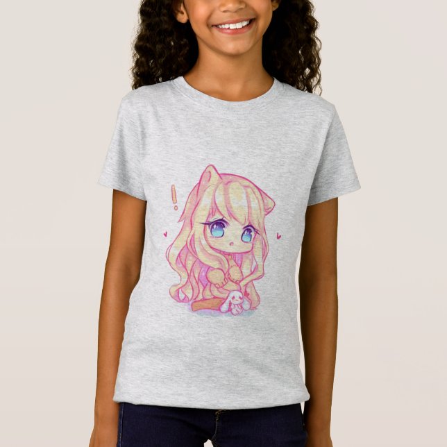 Camiseta kawaii, anime, chica, solo, quién, ama, bocetos, (Anverso)