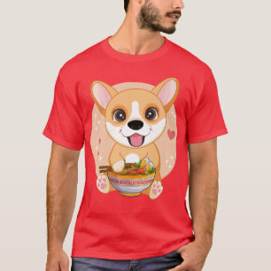 Camiseta Kawaii Anime Corgi Dog Ramen Noodles Cuidados Japo