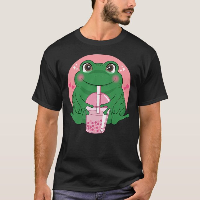 Camiseta Kawaii Anime Frog Drinking Boba Tea Bubble Tea Cut (Anverso)
