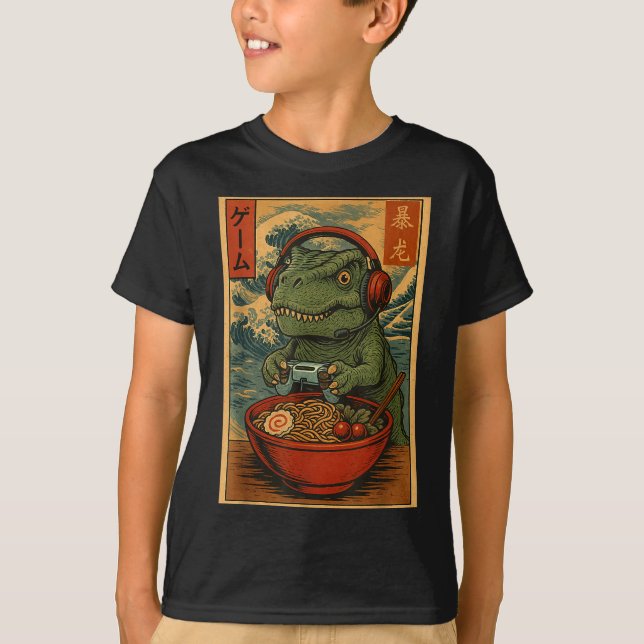 Camiseta Kawaii Anime Gamer T-rex Ramen Retro Japanese Gami (Anverso)