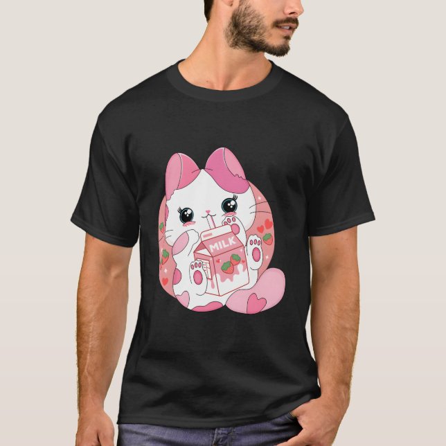 Camiseta Kawaii Anime gato bebe fresa en japonés (Anverso)