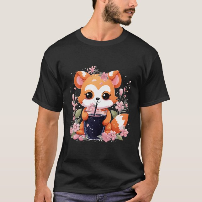 Camiseta Kawaii Anime Red Panda Bebe Boba Tea Bubble Cher (Anverso)