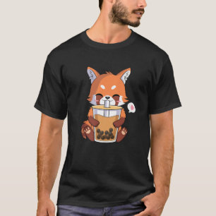 Camiseta Kawaii Anime Rojo Panda Bebiendo té de burbuja Bob