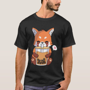 Camiseta Kawaii Anime Rojo Panda Bebiendo té de burbuja Bob