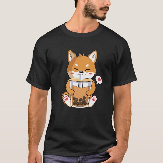 Camiseta Kawaii Anime Shiba Inu Perro que bebe la burbuja d (Anverso)