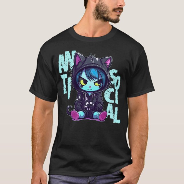 Camiseta Kawaii Antisocial Emo Cat Pastel Goth Menhera Anim (Anverso)