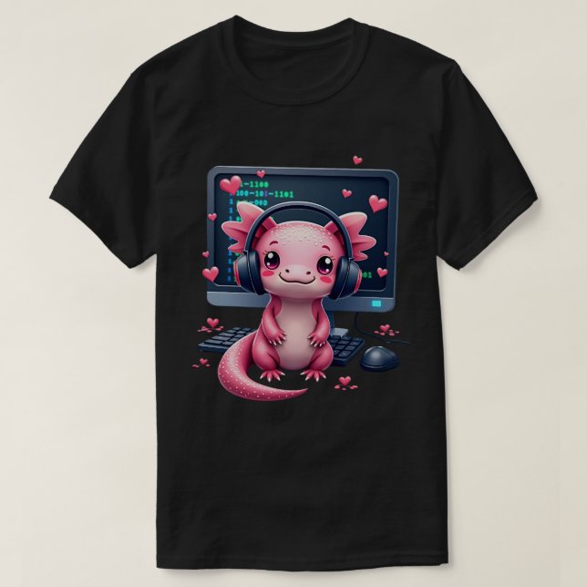 Camiseta Kawaii Axolotl Gamer Programando (Diseño del anverso)
