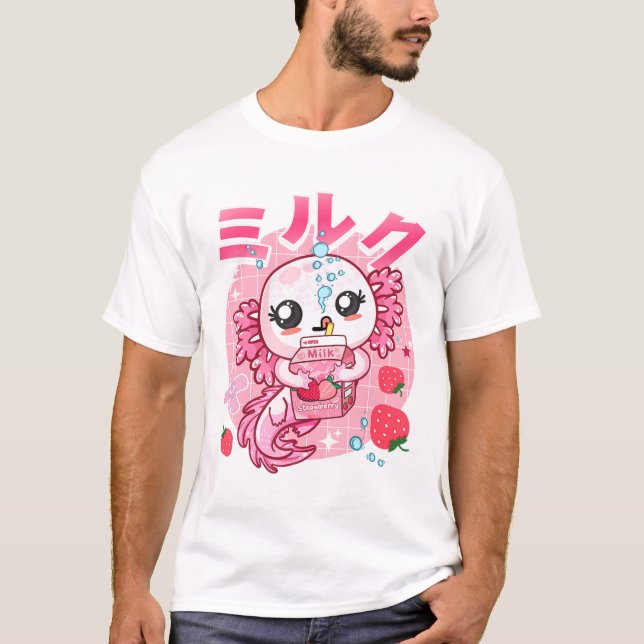Camiseta Kawaii Axolotl Leche de fresa batida Cartón Japón (Anverso)
