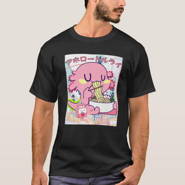 Camiseta Kawaii Axolotl Life Ramen Strawberry Milk Shake Ja (Anverso)