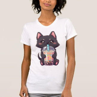 Camiseta Kawaii Black Cat Sipping Boba Tea - Cute Anime