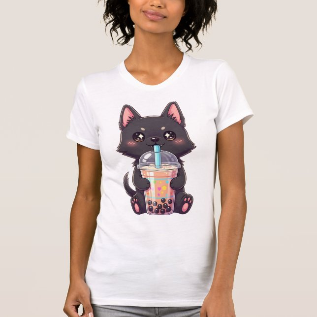 Camiseta Kawaii Black Cat Sipping Boba Tea - Cute Anime (Anverso)
