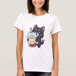 Camiseta Kawaii Black Cat Sipping Boba Tea - Cute Anime Nek