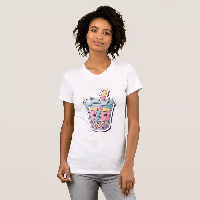 Camiseta Kawaii Blue Boba Tea T-Shirt | Cute Smiling Bubble (Anverso completo)