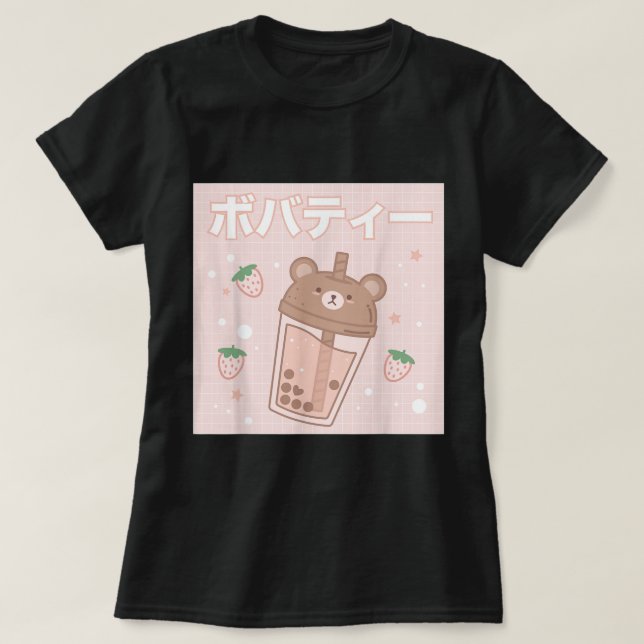Camiseta Kawaii Boba Bear | Cute Strawberry Milk Tea (Diseño del anverso)