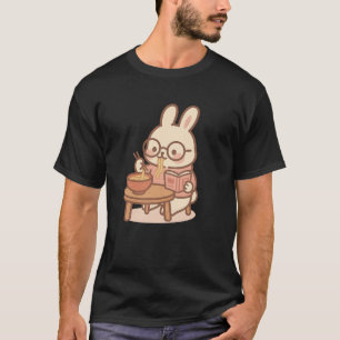 Camiseta Kawaii Bunny Leyendo y comiendo Ramen - Conejo aco