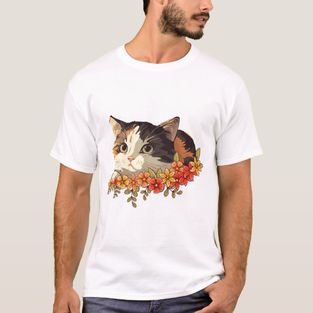 Camiseta Kawaii Calico Cat Floral Peeking Art (Anverso)