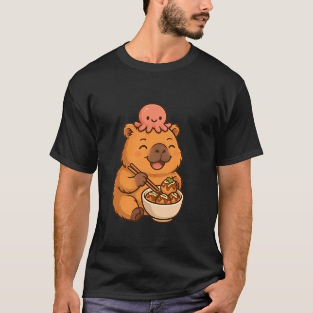 Camiseta Kawaii Capybara with Octopus Eating Takoyaki Japan (Anverso)