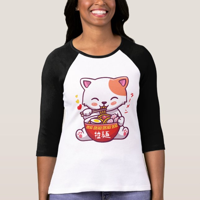 Camiseta Kawaii Cat ama a Ramen | Anime Kitty comiendo Rame (Anverso)