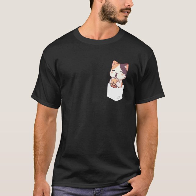 Camiseta Kawaii Cat Boba Pocket Japanese cute aesthetic Ani (Anverso)