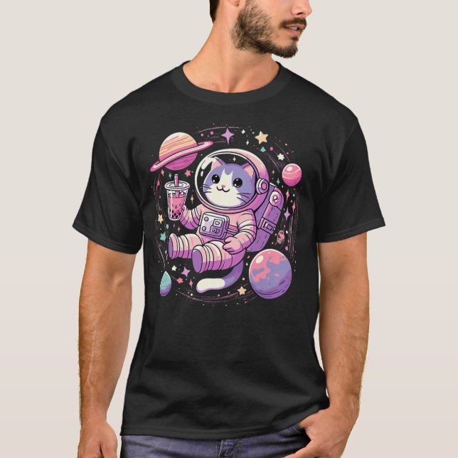 Camiseta Kawaii Cat Bubble Boba Tea In Space Astronaut (Anverso)