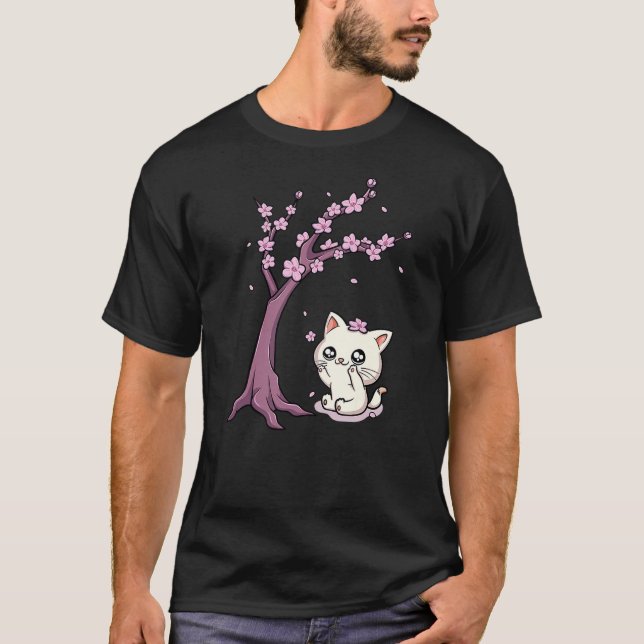 Camiseta Kawaii Cat Cherry Blossom Anime Kitten Sakura Japa (Anverso)