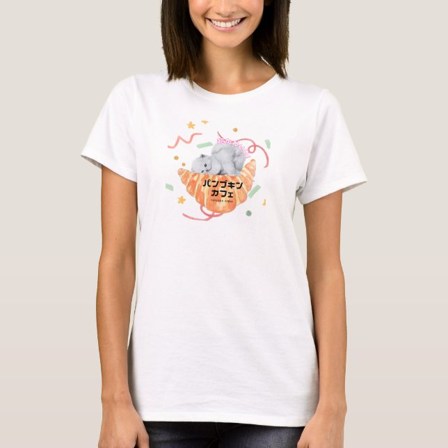 Camiseta Kawaii Cat & Croissant – Harajuku Aesthetic (Anverso)