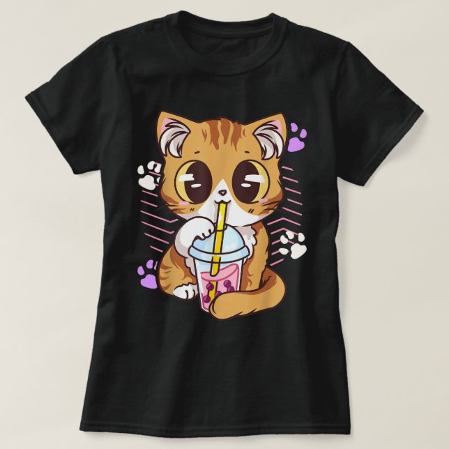 Camiseta Kawaii Cat Drinking Boba Tea (Diseño del anverso)