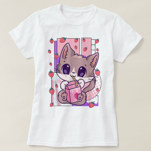 Camiseta Kawaii Cat Drinking Strawberry Milk (Diseño del anverso)