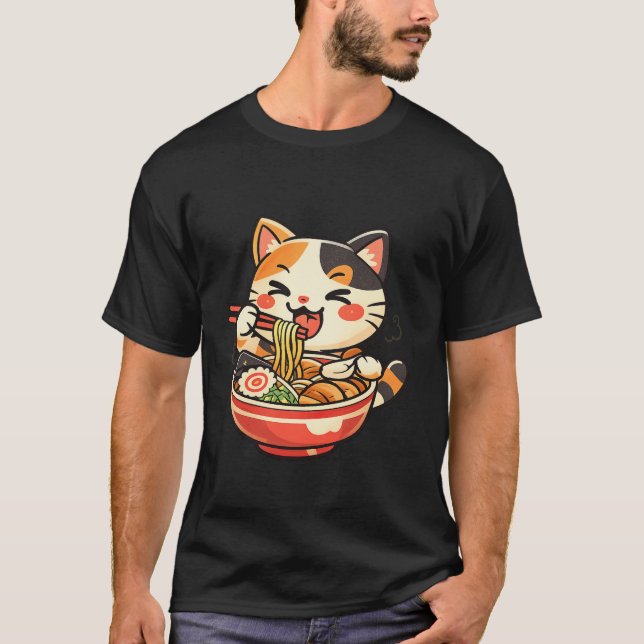 Camiseta Kawaii Cat Eating Ramen Shirt – Cute Japanese Cat  (Anverso)