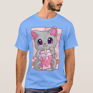 Camiseta Kawaii Cat Strawberry Milkshake Para Mujeres Chica