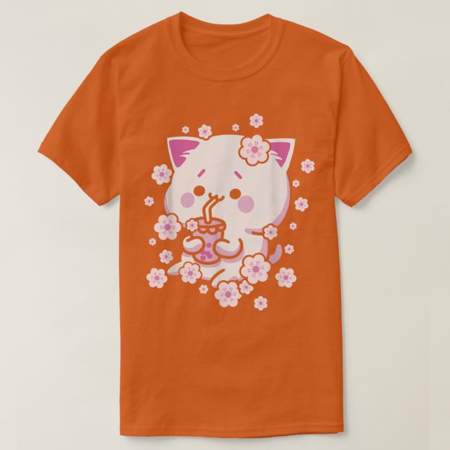 Camiseta Kawaii Cat with Bubble Tea and Boba tea and Sakura (Diseño del anverso)