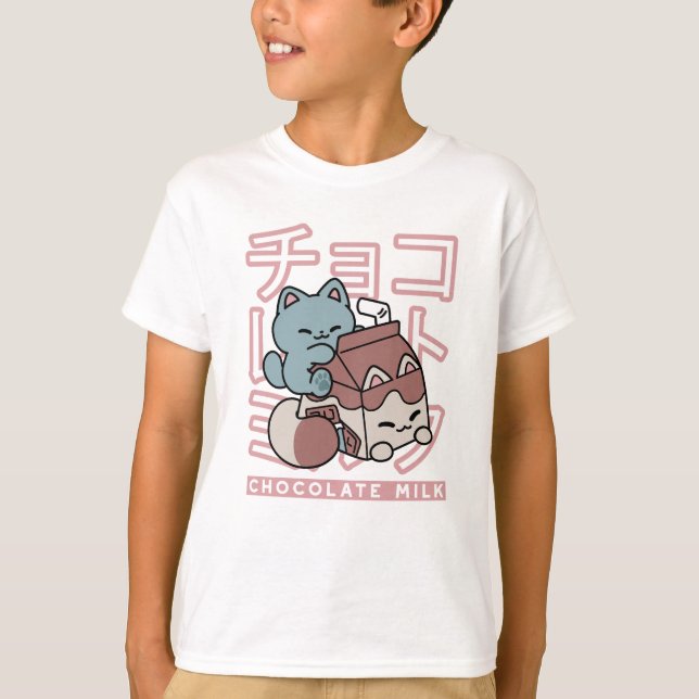 Camiseta Kawaii Cat with Chocolate Milk – Japanese Pop Art  (Anverso)