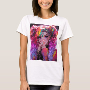 Camiseta Kawaii Chica de las trenzas de pelo arcoiris