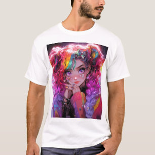 Camiseta Kawaii Chica de las trenzas de pelo arcoiris
