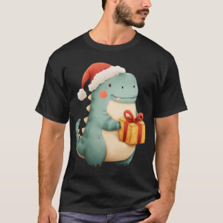 Camiseta Kawaii Christmas Dinosaur with Gift Cute Santa Din