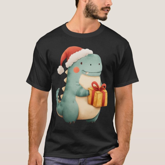 Camiseta Kawaii Christmas Dinosaur with Gift Cute Santa Din (Anverso)