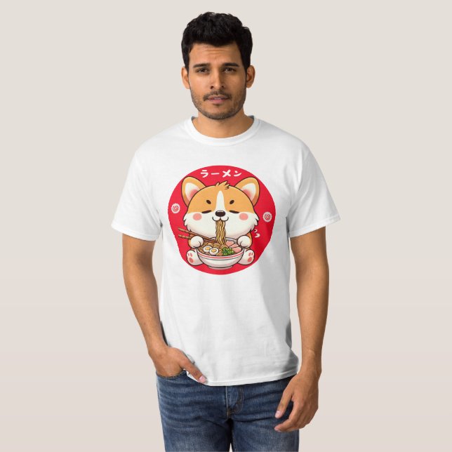 Camiseta Kawaii Corgi Comiendo Ramen (Anverso completo)