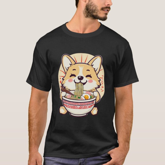 Camiseta Kawaii Corgi Comiendo Ramen - Comida de perro anim (Anverso)