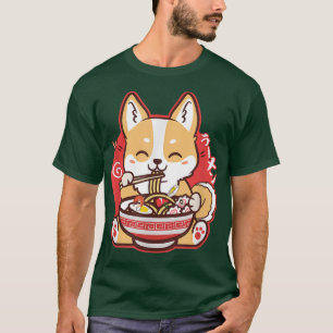Camiseta Kawaii Corgi Comiendo Ramen Cute Perro Anime Japon
