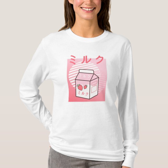 Camiseta Kawaii Cow Retro Japanese Strawberry Milkshake (Anverso)
