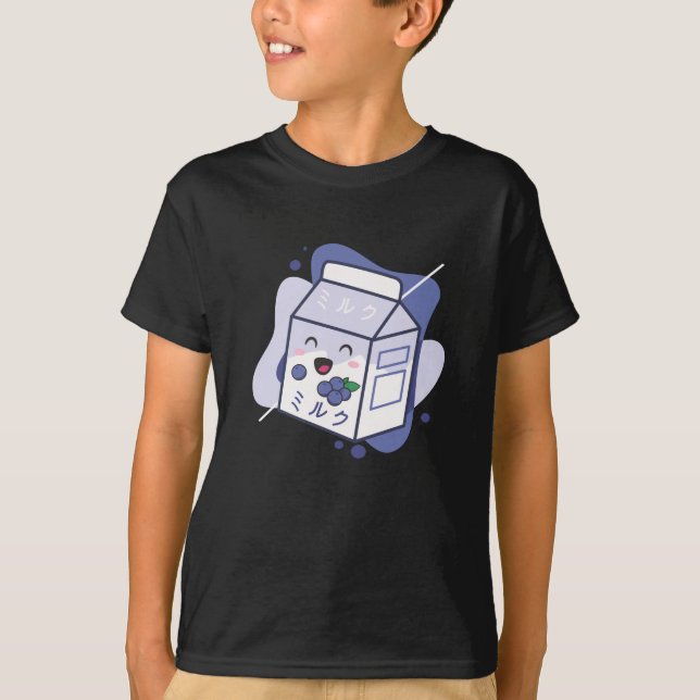 Camiseta Kawaii Cow Retro Leche japonesa de arándano azul (Anverso)